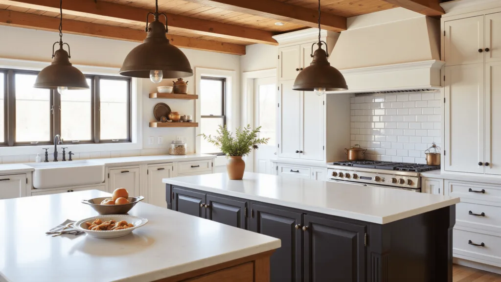 "Sunlit farmhouse kitchen with bronze pendant lights, exposed beams, and open shelves"