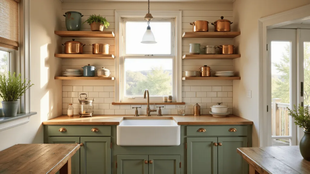 "Sage green farmhouse kitchen with white oak shelves, copper pots, and warm lighting"