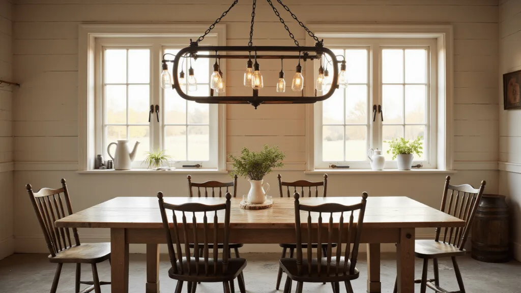 "Farmhouse kitchen with vintage elements like black iron chandelier, weathered oak dining table, and white ceramic pitchers, bathed in warm sunlight."