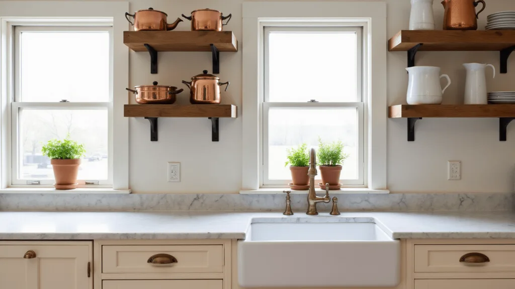 Farmhouse Kitchen Cabinets: Transform Your Space with Rustic Charm "Sunlit farmhouse kitchen with cream cabinets, reclaimed wood shelves, and vintage copper cookware"