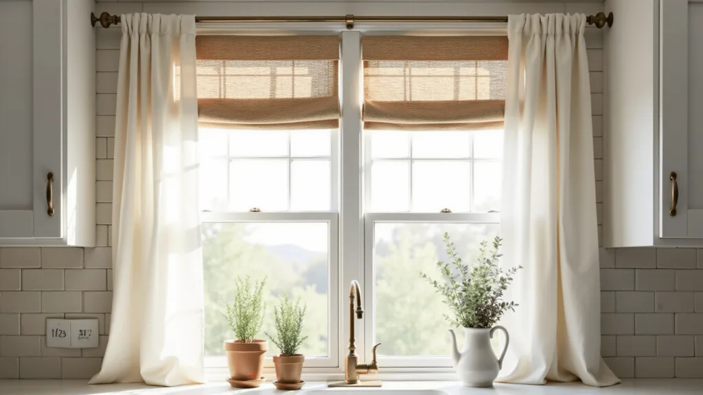 "Sunlit farmhouse kitchen window with cream linen curtains, wooden shades, potted herbs, and eucalyptus in a ceramic pitcher"