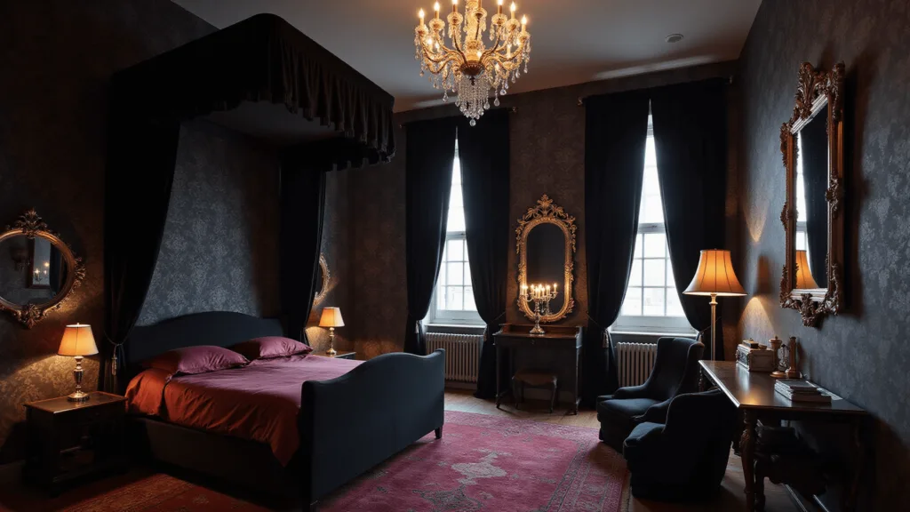 "Gothic bedroom with a black velvet canopy bed, burgundy silk sheets, crystal chandelier, black damask wallpaper, and candlelight creating dramatic shadows"