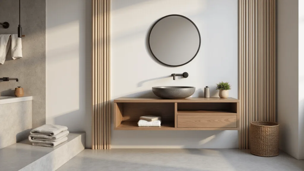 "Japandi bathroom with walnut vanity, stone basin, bamboo accents, and minimalist design in natural light"