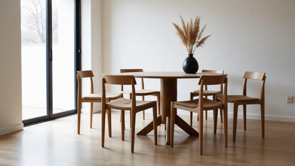 "Japandi-style dining room with light oak chairs, round walnut table, and black ceramic vase in soft morning light"