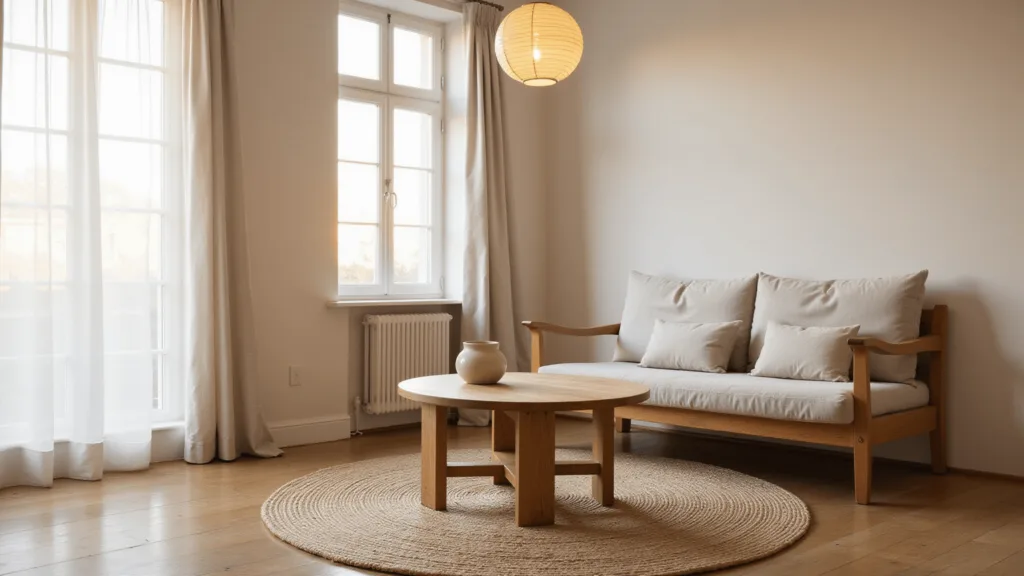 "Japandi style living room during golden hour with bamboo pendant light, natural materials, and minimalist decor"