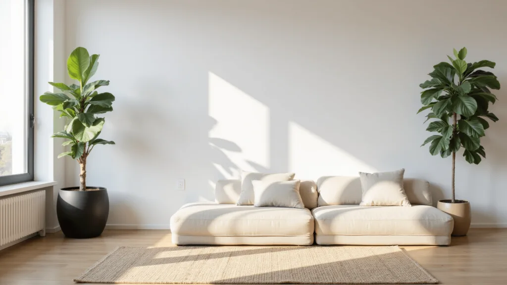 "Sunlit Japandi-style living room with minimal decor featuring a Fiddle Leaf Fig, natural oak flooring, and an oatmeal linen sofa."