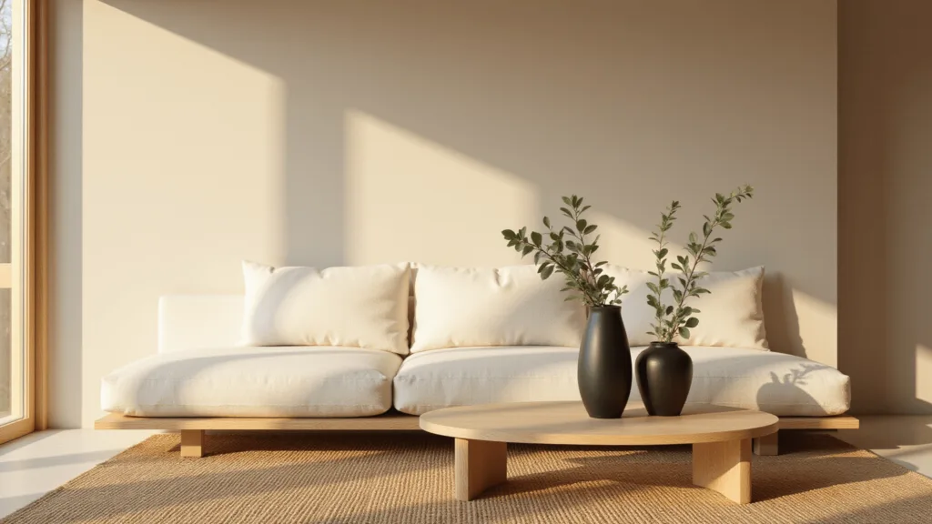 "Minimalist Japandi style living room with natural materials, warm sunlight, a low-profile oak platform sofa, and a ceramic vase with eucalyptus branches"