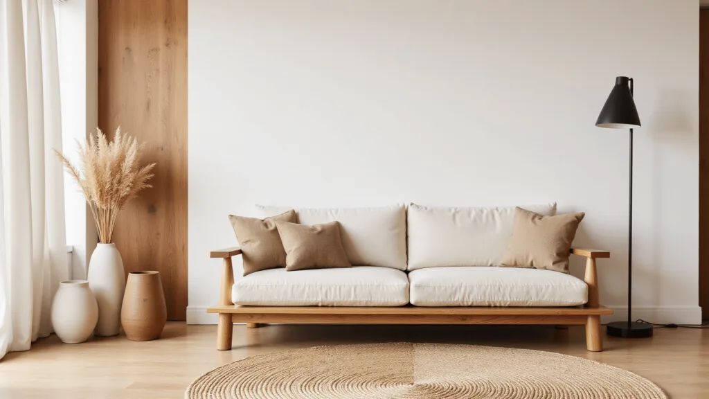 "Serene Japandi-style living room with minimalist furniture, ceramic vases with dried pampas grass, natural jute rug, and warm wooden accents."