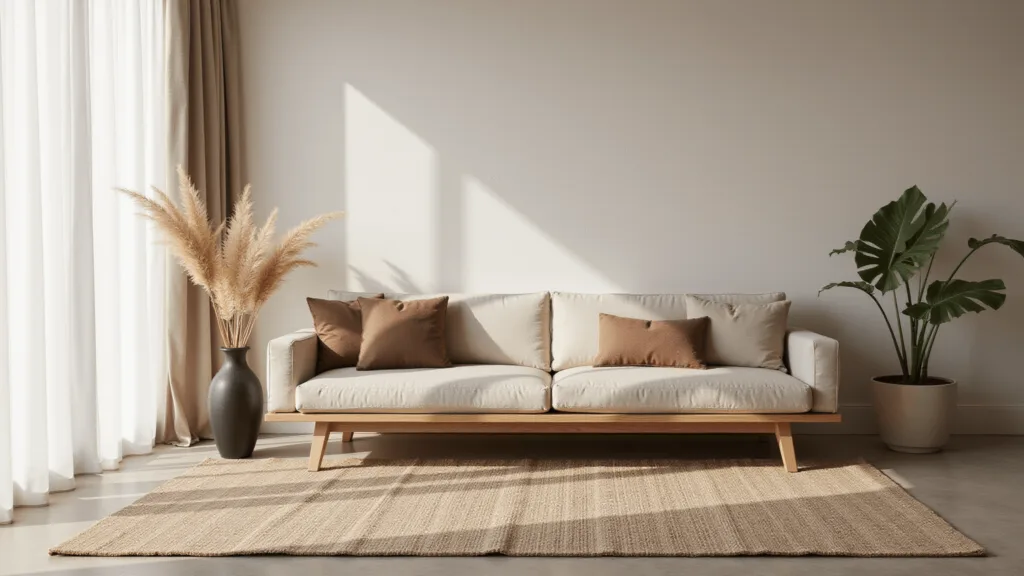 "Serene Japandi living room with natural fiber rug, minimalist oak furniture, neutral tones, and organic textures"