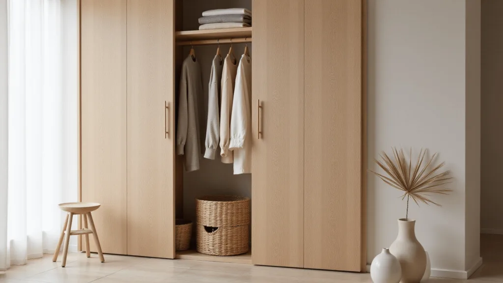 "Minimalist Japandi wardrobe interior with oak sliding doors, bamboo accents, and folded neutral-tone linens in natural morning light"