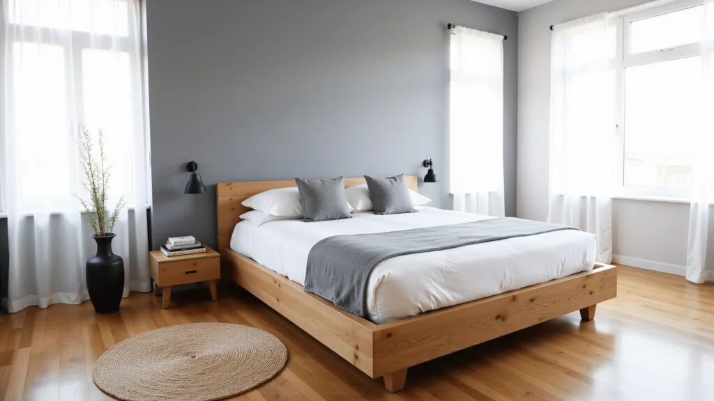 Crafting the Perfect Japandi Bedroom: A Comprehensive Guide to Minimalist, Cozy Design "Japandi-style minimalist bedroom with oak platform bed, natural jute rug, and bamboo stem in a black vase, bathed in soft morning light."