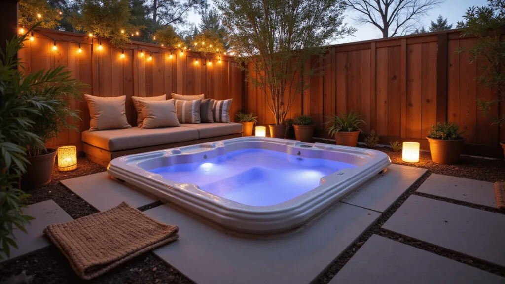 "Modern hot tub in a serene zen retreat with string lights, natural stone pavers, and bamboo plants during golden hour"