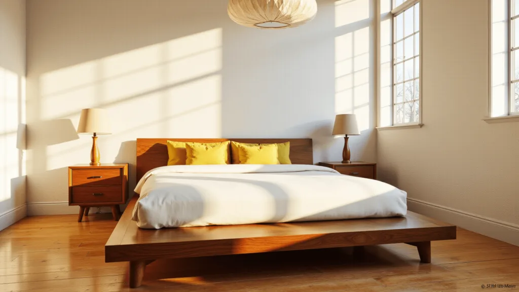 "Mid-century modern bedroom with walnut platform bed, mustard yellow throw pillows, and teak nightstands during golden hour"