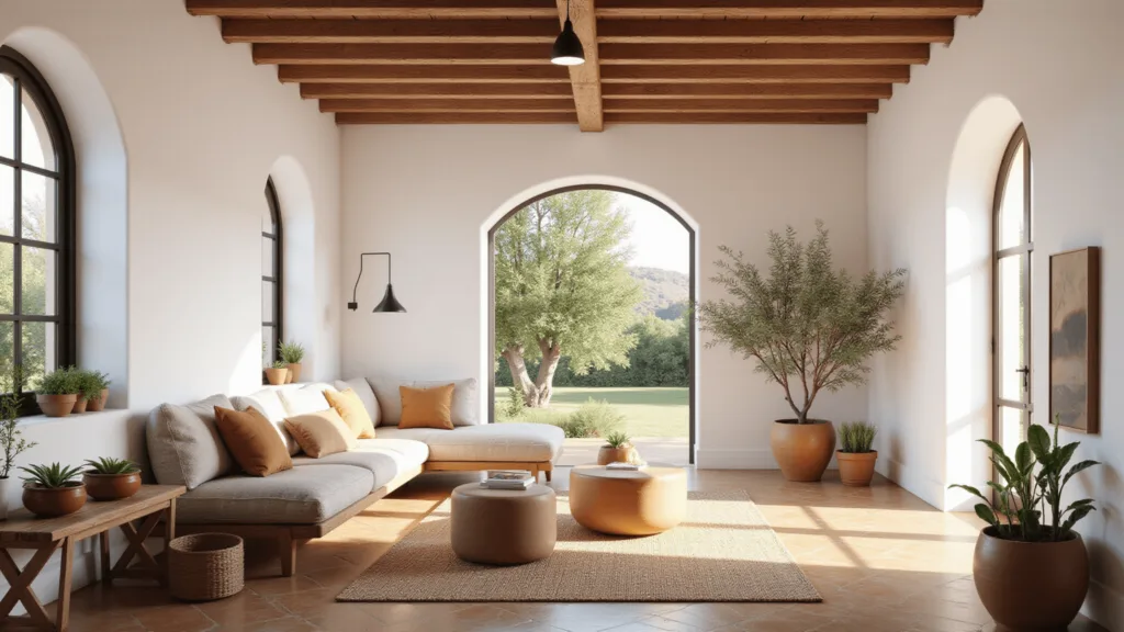 "Mediterranean living room with white walls, wooden beams, arched windows, linen sectional, and natural light highlighting terracotta pots with plants and jute rug on terracotta floor tiles."