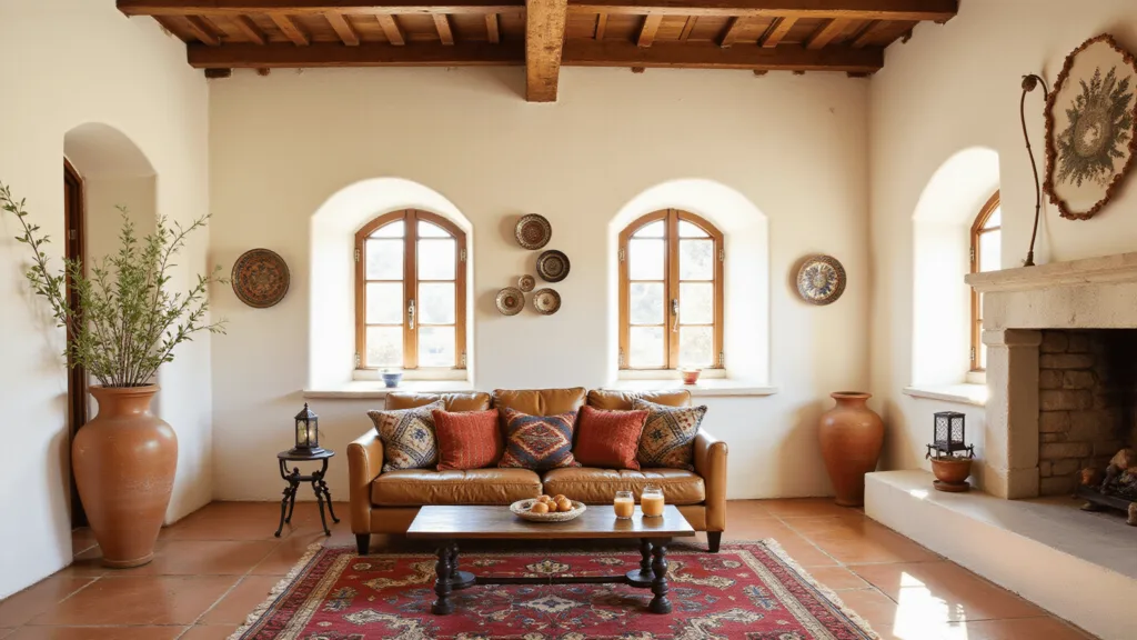 "Mediterranean living room with golden sunlight, terracotta flooring, whitewashed walls, a leather sofa with kilim pillows, ceramic plates on the walls, and a limestone fireplace."