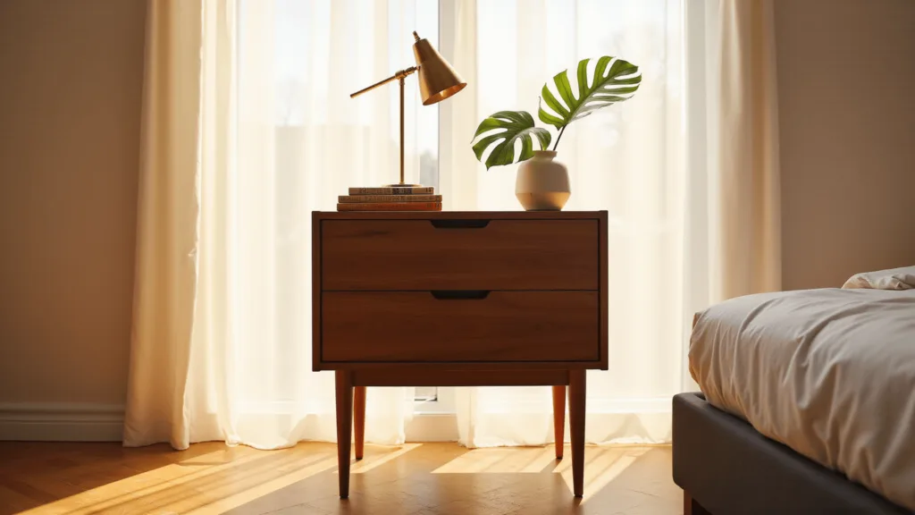 "Mid-century modern walnut bedside table with brass lamp, vintage books and monstera plant in a minimalist bedroom lit by golden sunlight"