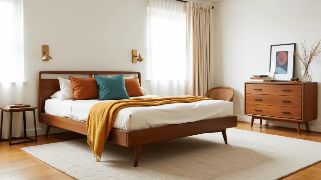 Mid Century Modern Queen Bed Decor: Your Ultimate Styling Guide "Sunlit mid-century modern bedroom with walnut queen bed, mustard and teal accents, and warm lighting."