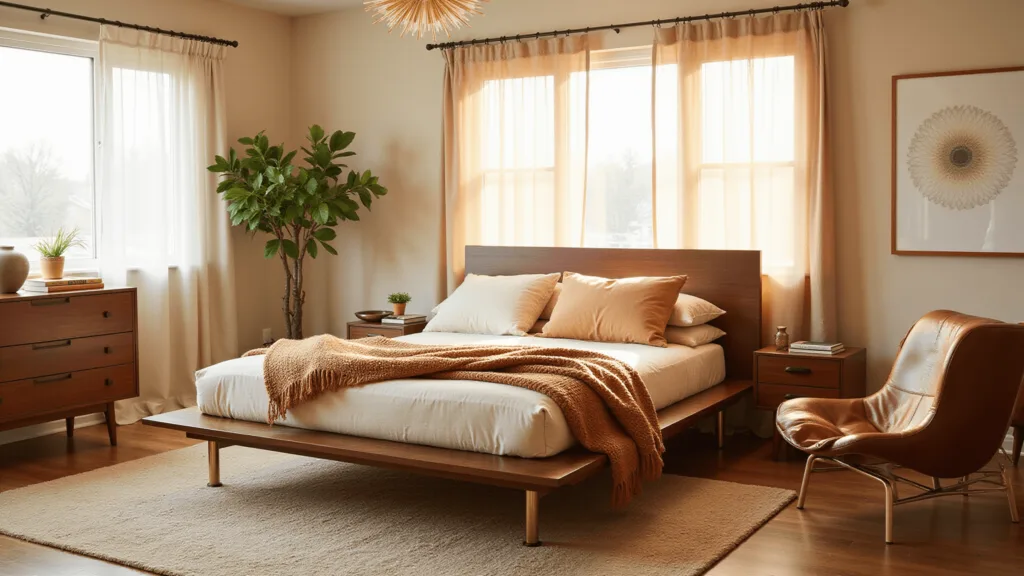 "Mid-century modern bedroom with walnut platform bed, brass-legged nightstands, vintage teak dresser, and Eames lounge chair in sunlit interior."