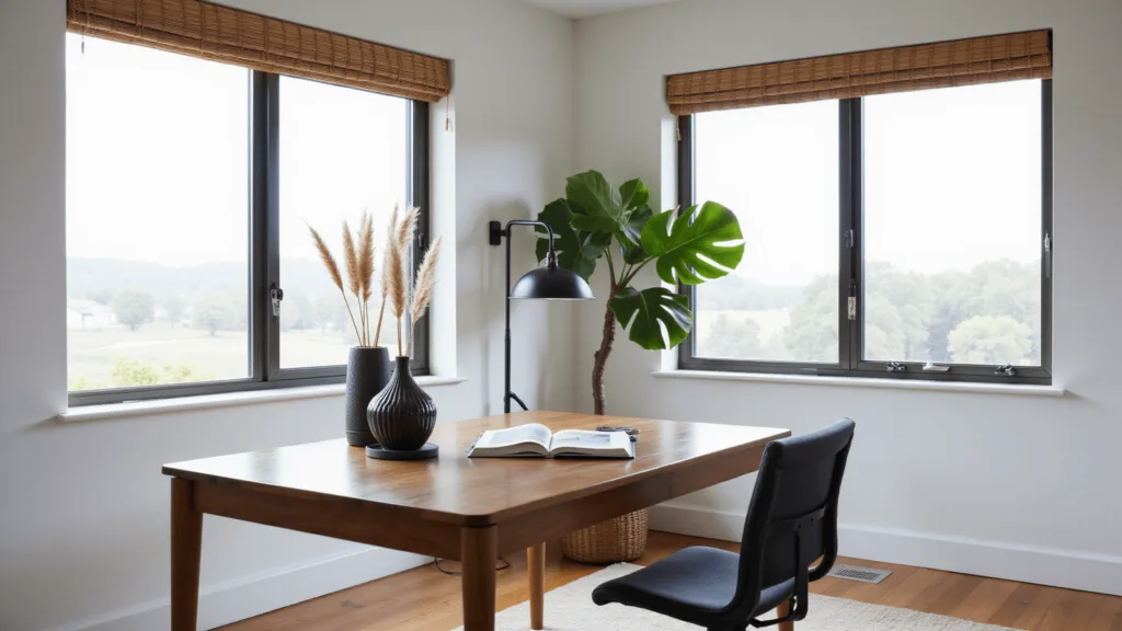"Minimalist Japandi style home office with walnut desk, black chair and task lamp, ceramic vase with pampas grass, bamboo blinds, and fiddle leaf fig in natural morning light"