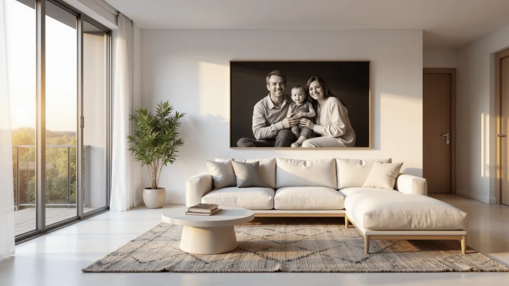 "Minimalist living room during golden hour with ivory sofa, white oak flooring, Moroccan rug, and large black and white photo"