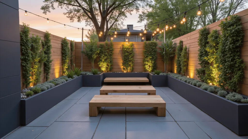 "Minimalist designed backyard oasis at golden hour with mixed-texture elements, LED lighting, and lush vertical garden."