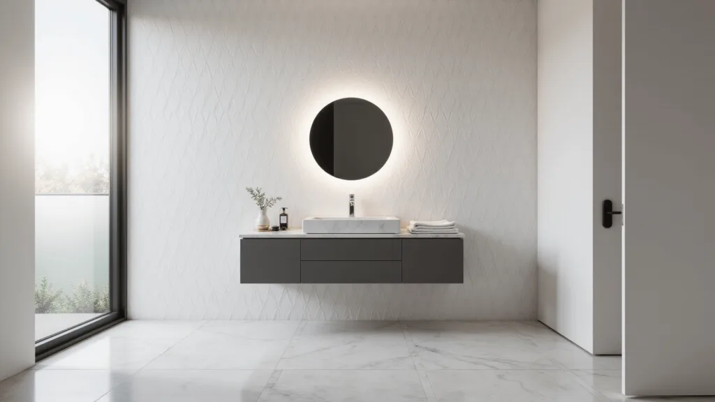 "Minimalist modern bathroom with geometric wallpaper, marble vanity, and natural morning light"