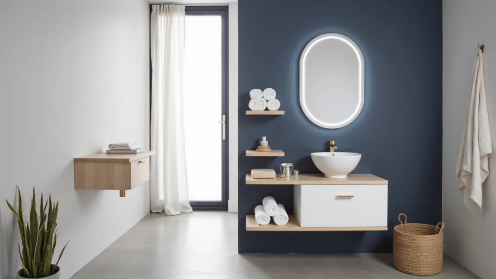 "Modern bathroom with navy accent wall, floating shelves, pedestal sink, backlit mirror, and natural light from a frosted window"