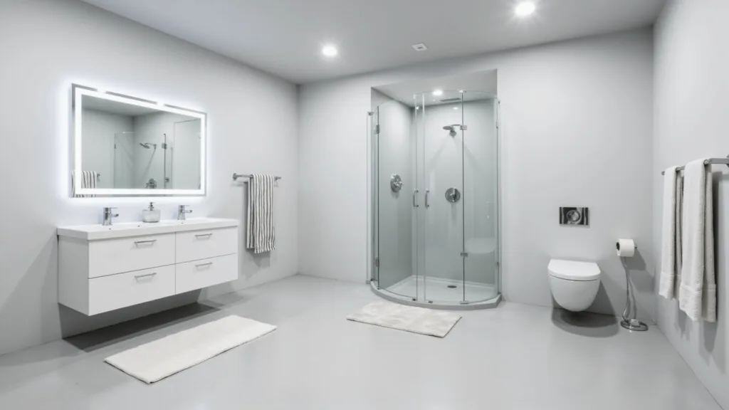 "Minimalist bathroom with white vanity, backlit mirror, glass shower, and LED lighting"