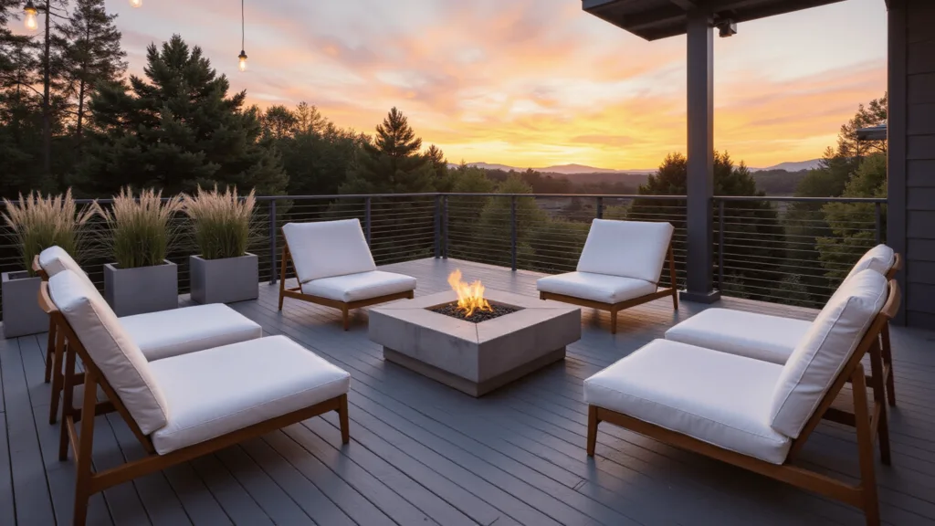 "Modern minimalist deck with composite furniture and fire pit during sunset"
