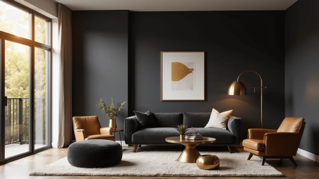 "Modern luxurious living room with matte black accent wall, charcoal velvet sofa, brass floor lamps, leather accent chairs, and abstract gold-and-white artwork, illuminated by warm sunlight."