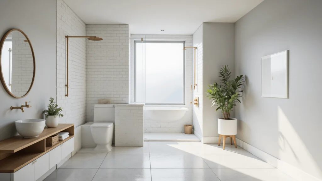 "Modern minimalist bathroom with white subway tiles, wooden shelving, and brass fixtures illuminated by natural sunlight"