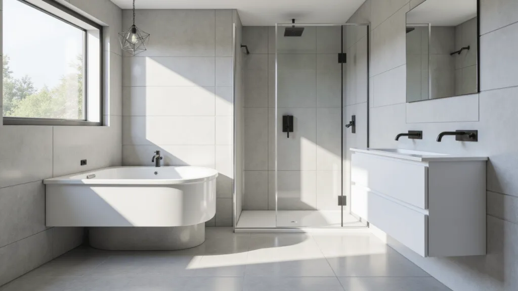 "Small sunlit modern bathroom with white floating vanity, grey tiles, glass shower and geometric pendant light."