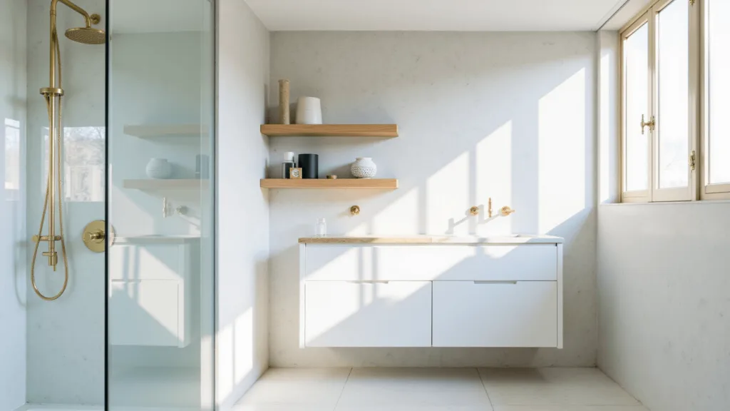 "Modern minimalistic sunlit bathroom with white marble tiles, brass fixtures, and glass shower partition"