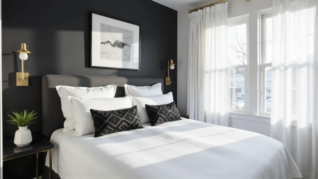 "Minimalist black and white bedroom bathed in morning light"