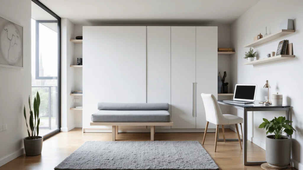 "Modern minimalist guest office with murphy bed, glass desk, floating shelves, and plush gray rug bathed in natural light"