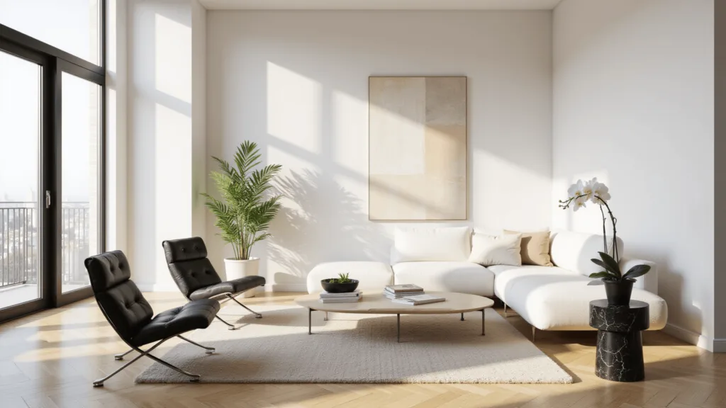 Modern Minimalist Living Room: Your Ultimate Design Guide "Modern minimalist living room with white sectional sofa, natural oak floors, abstract canvas, Barcelona chairs, orchid on marble table, bathed in soft morning light"