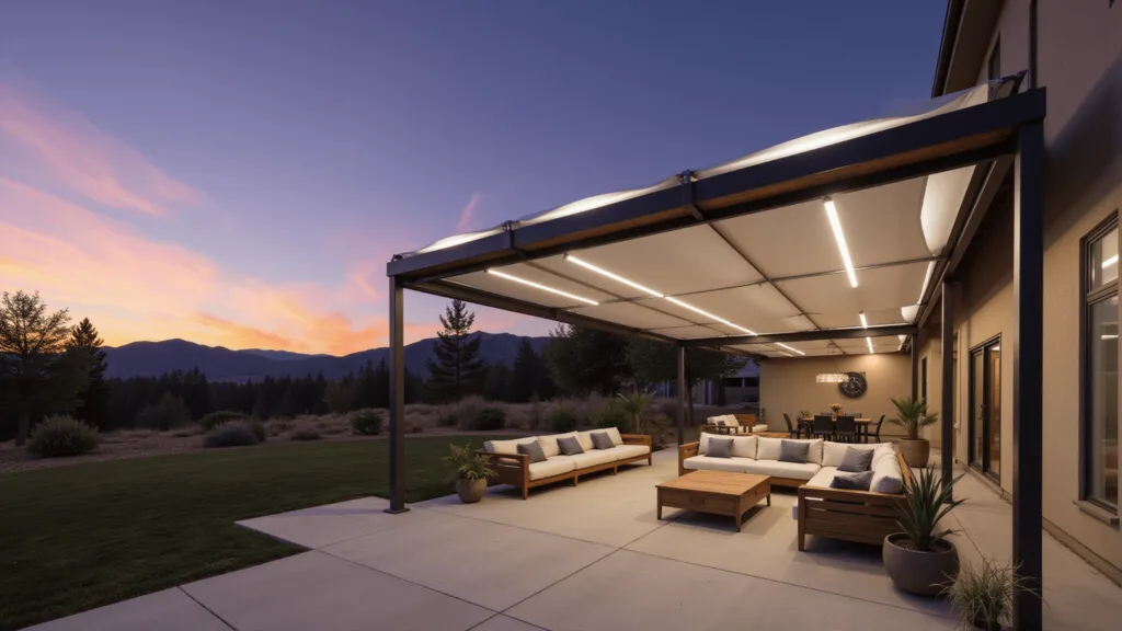 "Modern covered patio with cedar and aluminum pergola, retractable white canvas panels, and LED illuminated concrete floor at sunset, with mountain vista backdrop"