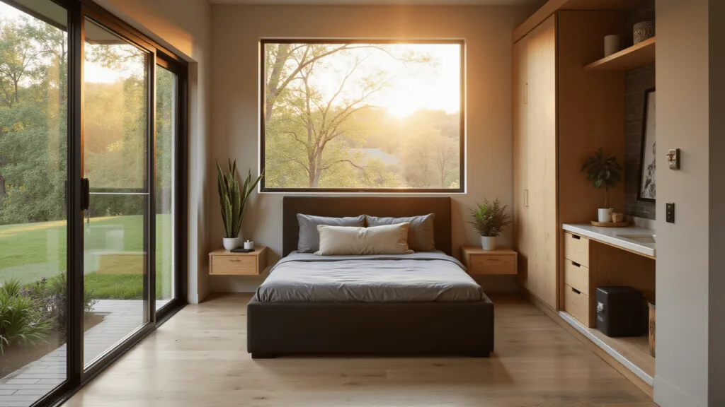 Crafting the Perfect Backyard Guest House: A Visual Storytelling Guide "Modern minimalist guesthouse interior with Murphy bed, wooden shelves, kitchenette and natural light"