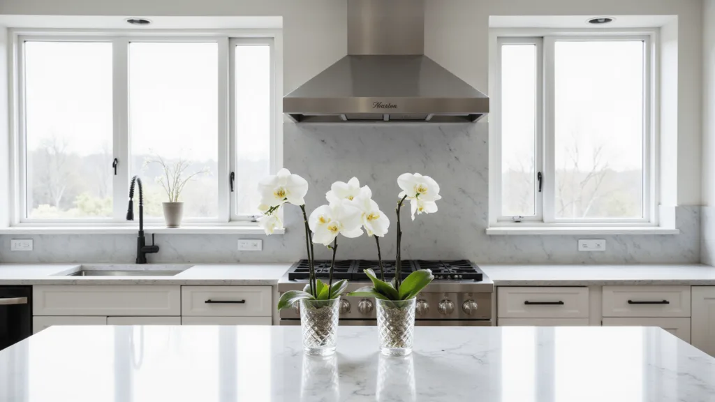 Transforming Your Kitchen: A Pinterest-Worthy Decor Guide "Sunlit modern kitchen with white quartz countertops, black hardware, gray marble backsplash, and white orchids in glass vases"
