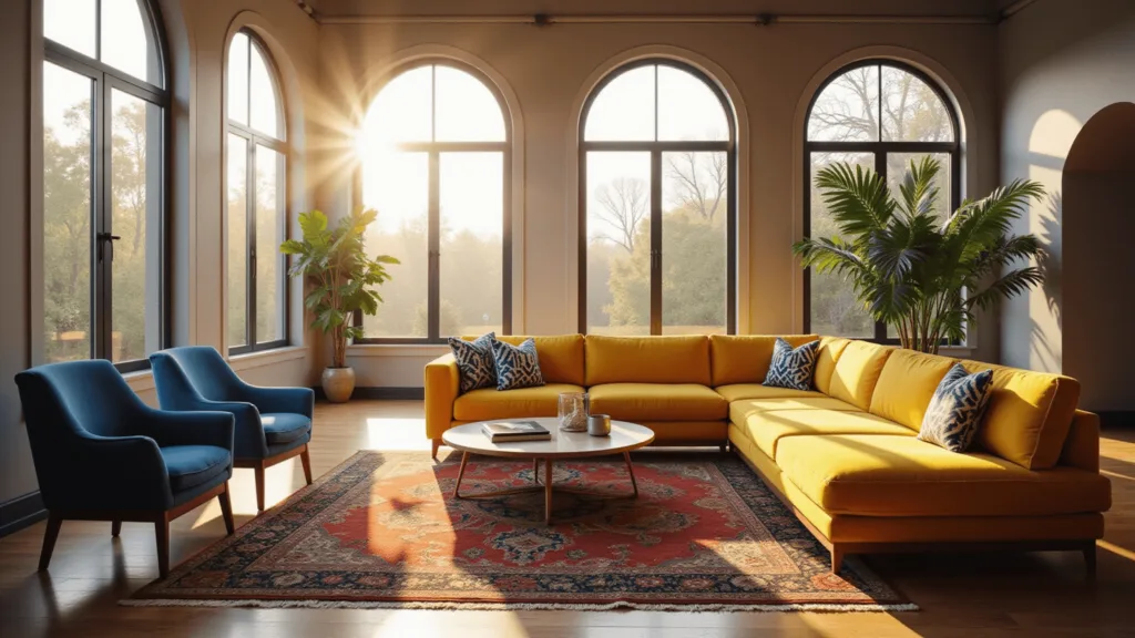 "Sunlit modern living room with yellow velvet sofa, blue accent chairs, Persian rugs, monstera plant, and geometric pillows during golden hour"