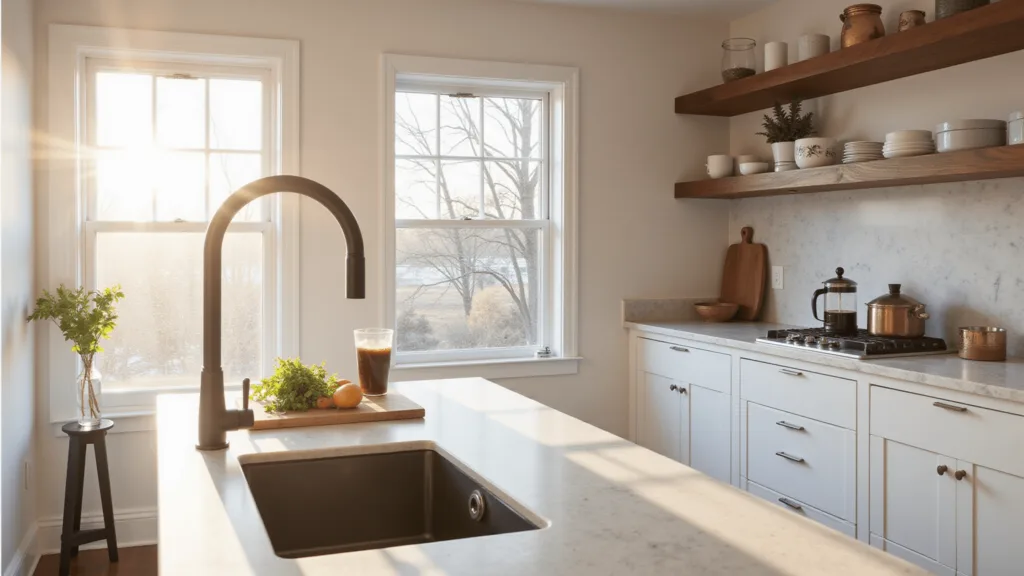Modern Kitchen Styling: Your Ultimate Guide to Creating Pinterest-Worthy Decor "Sunlit modern kitchen with white marble countertops, wooden open shelving, and black fixtures"
