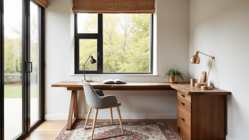 "Sunlit corner home office with walnut desk, ergonomic grey chair, brass accents, bamboo blinds, and Persian rug, bathed in soft morning light"