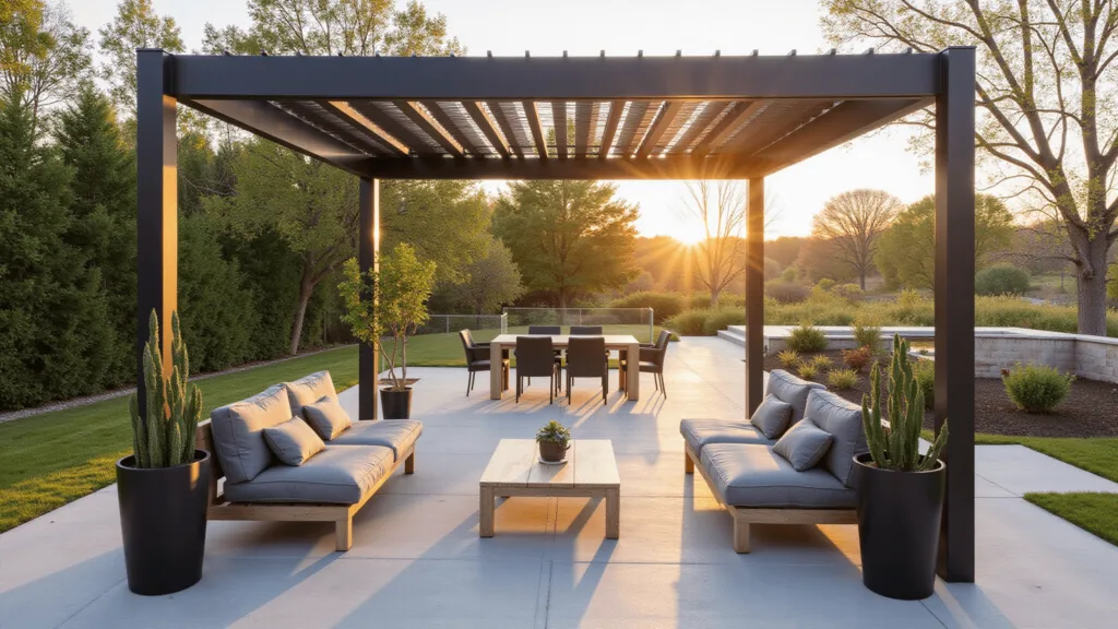 "Modern minimalist terrace with a pergola casting geometric shadows, modular seating and snake plants in black planters during golden hour"