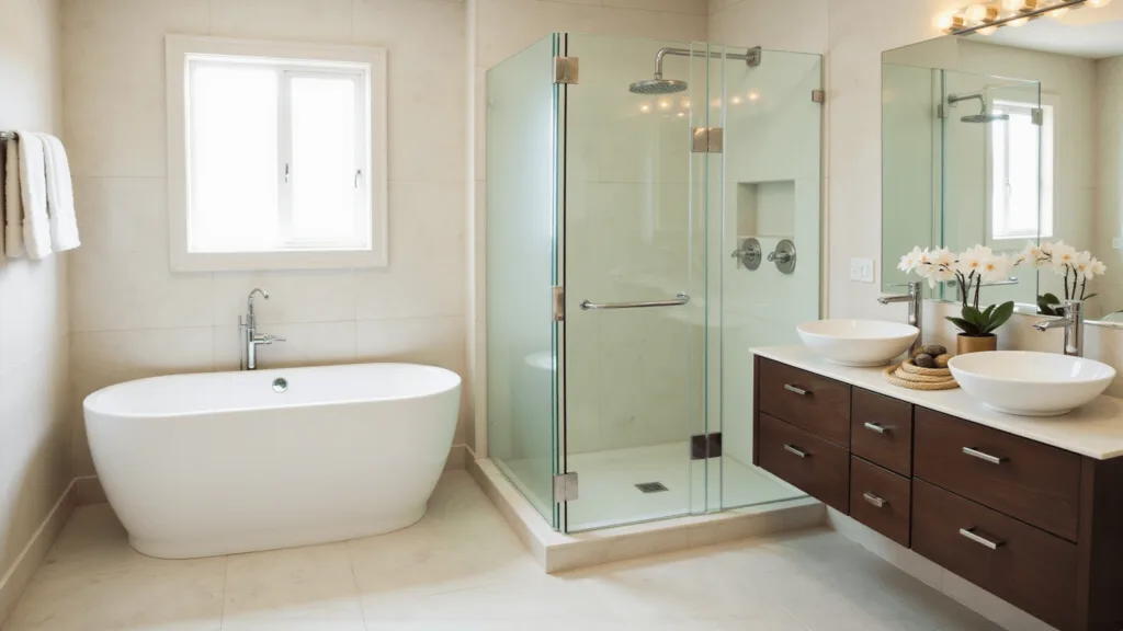"Modern zen bathroom with frameless glass shower, white tub, marble walls, walnut vanity, vessel sink, bamboo towels, and ambient lighting"