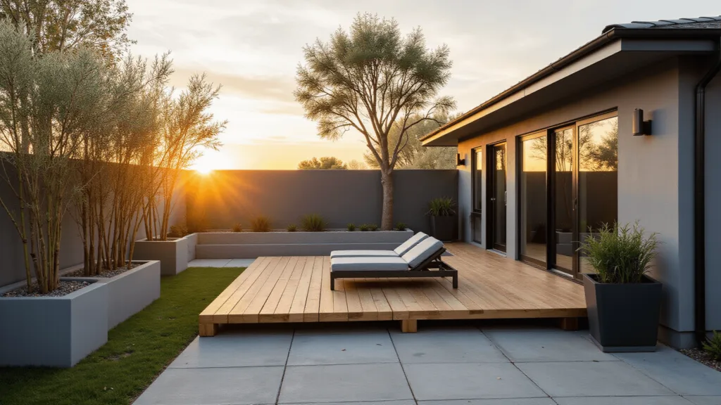 "Modern minimalist backyard with concrete pavers, wooden deck, bamboo planters, olive trees, and gray lounge furniture under a golden sunset"