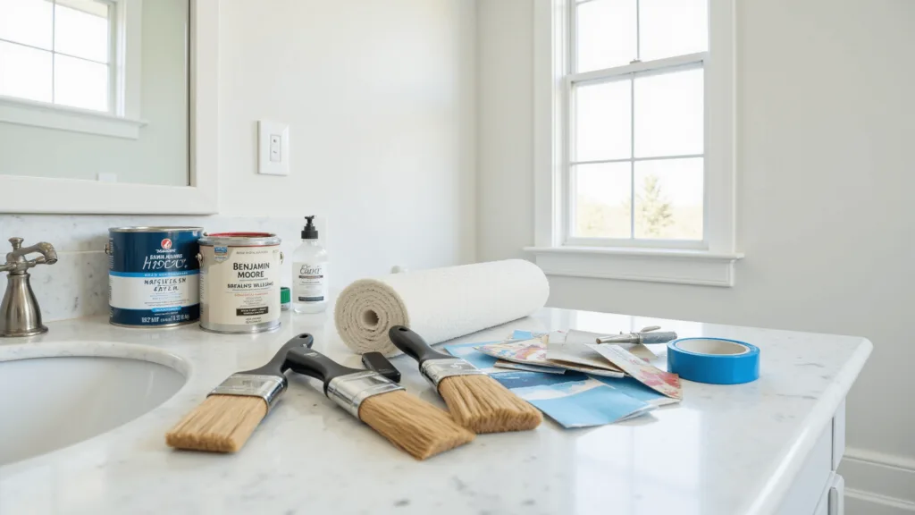 "Paint supplies from Benjamin Moore and Sherwin-Williams on a marble countertop amidst morning light in a stylishly modern bathroom"
