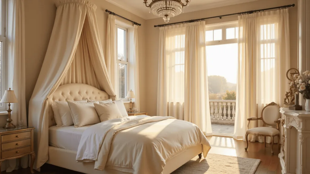 "Luxurious bedroom with cream-colored canopy bed, crystal chandelier, and antique brass side tables in golden hour sunlight"