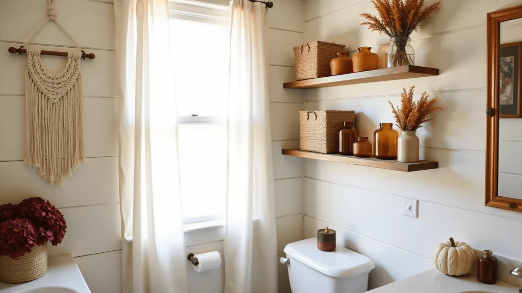 "Cozy farmhouse bathroom with rustic fall decor, cream walls, wooden shelves, copper-framed mirror, and warm lighting"