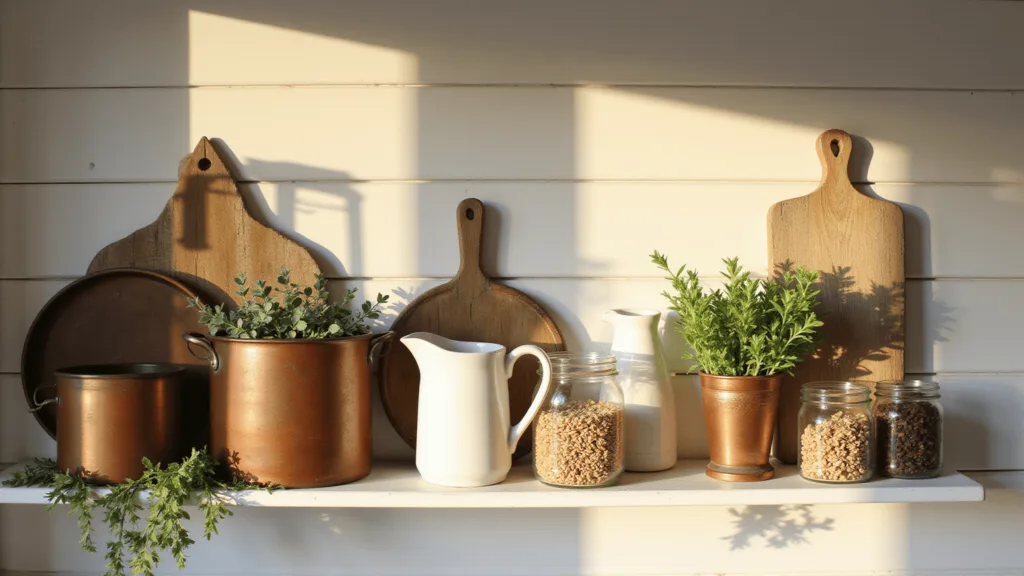 "Rustic farmhouse kitchen shelf with vintage cookware, herbs, and dried wheat in mason jars in morning light"