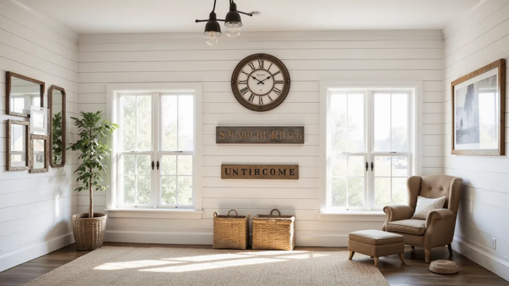 "Rustic farmhouse living room with white shiplap walls, vintage decor, and warm natural lighting"